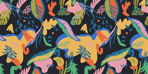 Hand drawn shapes seamless pattern, dots and lines with textures, spots. Colorful big hand drawn shapes on black. Abstract contemporary vibrant boho print. Modern collage vector illustration.