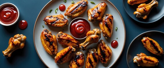 Fototapeta premium Plate of grilled chicken wings with ketchup and cherry tomatoes, served on a blue background. Appetizer and snack concept, food and dining, delicious and savory cuisine.