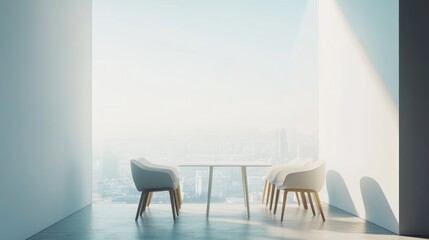 Interior shot with table and chairs, overlooking a distant city, bathed in natural light