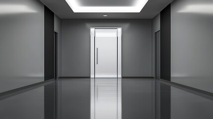 A modern office corridor with reflective flooring leading to a glass door