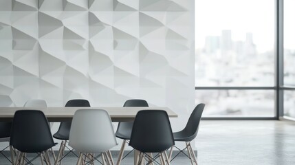 Minimalist conference room with modern geometric wall, light wood table, & city view window