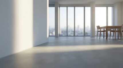 Modern minimalist dining area with city view