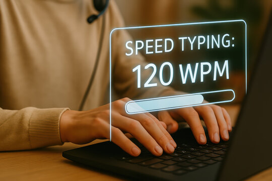 typing at high speed on a laptop, with a live wpm counter displayed, highlighting productivity. 