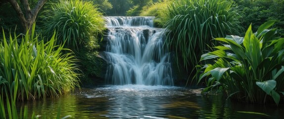 Lush green plants surrounding a peaceful waterfall cascading into a calm pond in a vibrant natural setting