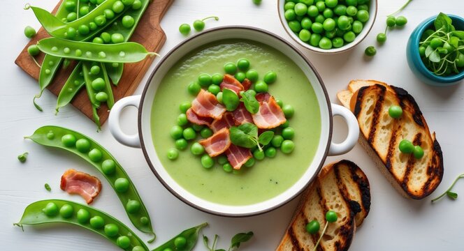 Green pea soup garnished with bacon, served with grilled bread and surrounded by fresh peas and pea pods. Healthy vegetarian meal concept. - Powered by Adobe