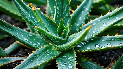 Aloe Vera plant with water droplets on its leaves.
