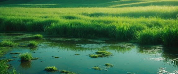 Obraz premium Lush green grass and water body in a natural landscape scene