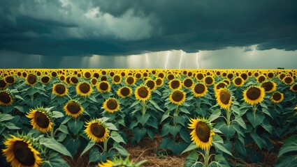 Obraz premium Sunflower field under stormy sky with lightning in the distance.