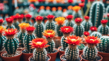 Naklejka premium A collection of potted cacti with vibrant red and yellow flowers in a nursery or market setting.