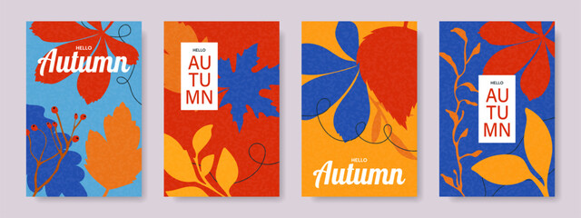 Set of autumn bright creative posters with autumn leaves. Autumn background, sale banner, flyer design.
