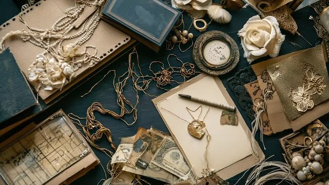 Vintage craft supplies, antique ephemera, and decorative elements.  A curated collection of papers, threads, jewelry, and flowers