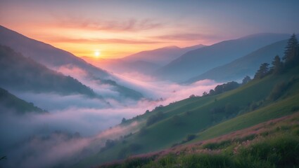 Obraz premium Sunrise over misty green mountain valleys during dawn. Nature landscape scene with rolling hills and fog. Tranquil outdoor scenery in the early morning.