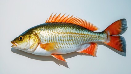 Fototapeta premium A colorful fish with orange fins and tail, yellow and green scales, lying on a white surface.