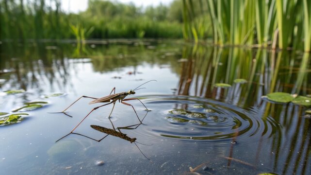 A detailed shot of a water strider gliding on the surface of a tranquil pond macro photography natural habitat close-up perspective