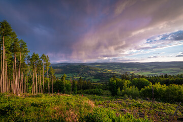 Spring sunset view from hill Svatobor near town Susice in south west Bohemia