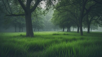 Obraz premium Lush green meadow with trees in a foggy forest scene.