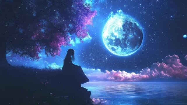 Girl sits by water under a magical moon