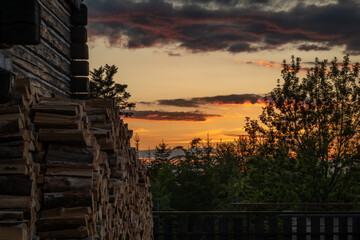 Spring sunset view for wooden house on hill Svatobor in south west Bohemia