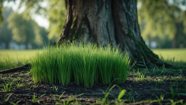 A small patch of grass growing at the base of a large tree trunk in a park or forest.