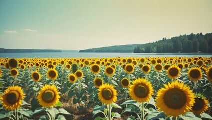 Obraz premium Vast sunflower field near a lake with trees in the background and clear sky.