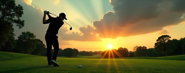 A silhouette of a golfer, clad in black, powerfully drives a golf ball across a lush green fairway under a dramatic sky The image captures the intensity and elegance of the sport , skill, mystery
