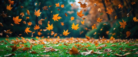 Falling autumn leaves on green grass in a park or forest with trees in the background, capturing the essence of fall season.