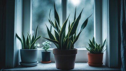 Fototapeta premium Three potted plants on a windowsill.