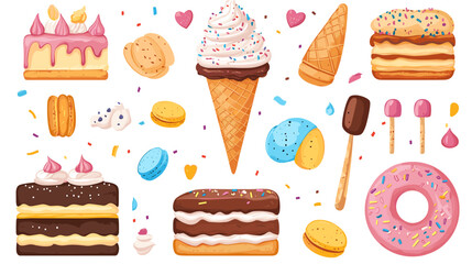 A flat vector cartoon dessert set showing layered cake ice cream cone macaron stack and sprinkled donut on white background no shading no gradients
