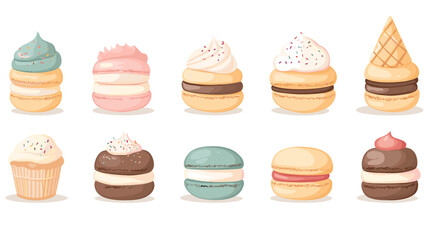 A flat vector cartoon dessert set showing layered cake ice cream cone macaron stack and sprinkled donut on white background no shading no gradients
