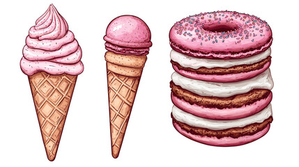 A flat vector cartoon dessert set showing layered cake ice cream cone macaron stack and sprinkled donut on white background no shading no gradients