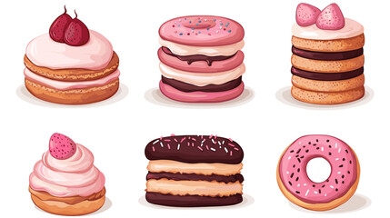 A flat vector cartoon dessert set showing layered cake ice cream cone macaron stack and sprinkled donut on white background no shading no gradients