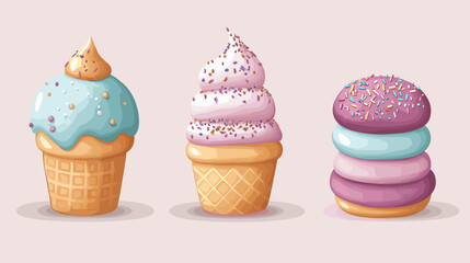 A flat vector cartoon dessert set showing layered cake ice cream cone macaron stack and sprinkled donut on white background no shading no gradients