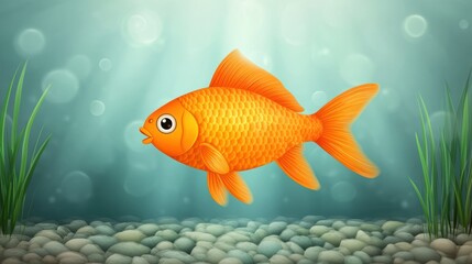 Fototapeta premium A vibrant orange fish swims gracefully in a serene underwater scene, surrounded by soft light and aquatic plants, ideal for educational materials, children's books, or aquarium-related graphics,
