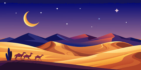 Obraz premium Desert night scene with camels, crescent moon, stars