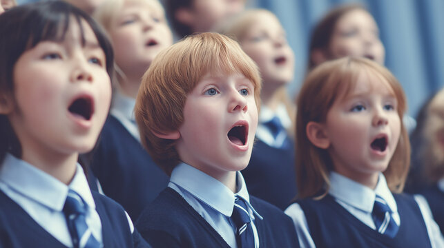 Group of children in school uniforms singing passionately during a choir performance.
