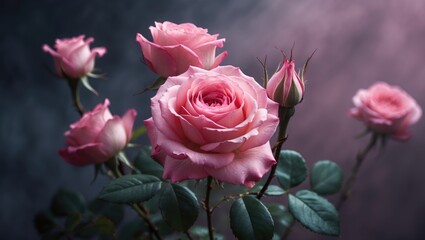 Obraz premium Pink roses with lush green leaves against a dark, soft-focused background.