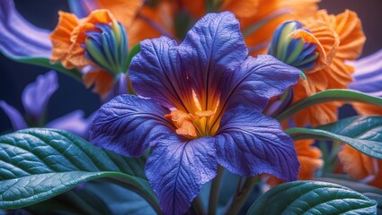 Bright purple iris flower with orange accents and lush green leaves.