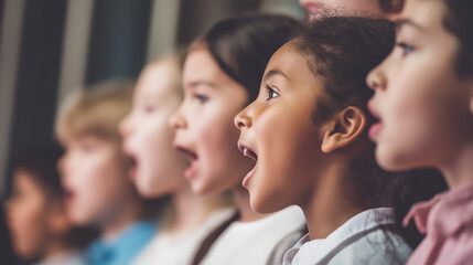 Group of children singing together in a school choir.
