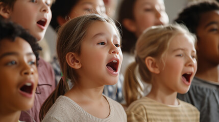 Group of children singing together in a school choir.
