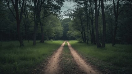 Fototapeta premium A dirt path through a lush green forest with tall trees and dense foliage.