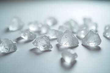 Close up shot of a pile of translucent crystals on a white surface