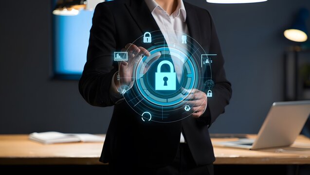 Global business professionals connect digitally, hands touching screens to manage networks and communicate security