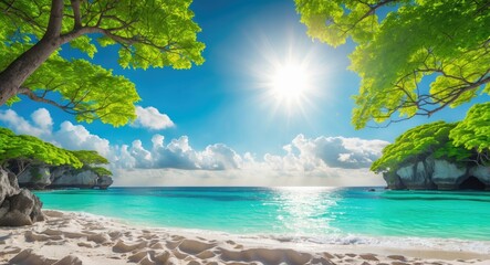 Tropical beach scene with clear turquoise water, white sandy shore, lush green trees, and bright sun shining in a blue sky with clouds.