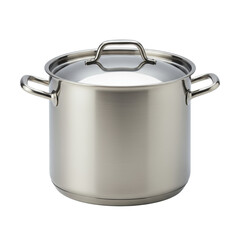 A modern, sleek stainless steel stockpot with ergonomic handles and a domed lid, highly polished with clean reflections, centered on a seamless transparent isolated background with bright studio