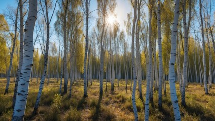 Fototapeta premium Birch forest during sunlight with tall trees and yellow-green foliage. Nature, trees, sunlight, and forest scene.