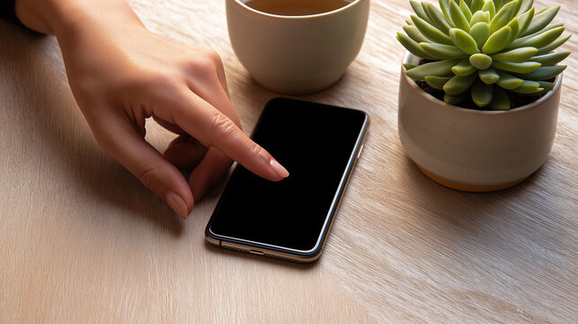 Hands resting near a smartphone on a wooden desk with a plant and coffee mug. - Powered by Adobe