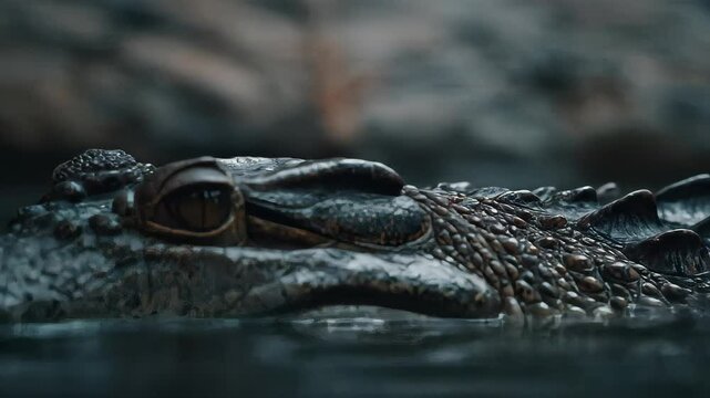 A dark alligator glides subtly through murky water its textured skin and focused gaze suggesting a predator in wait