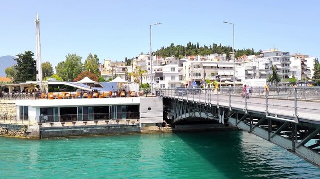 View of the historic old steel drawbridge over the Euripus Strait in the town of Chalkis, Euboea, Greece.