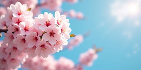 A photo of blooming spring cherry blossom against a bright blue sky	
