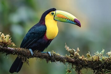 Fototapeta premium Chestnut-mandibled toucan with its vibrant plumage and large colorful beak is perched on a mossy branch in a lush rainforest, showcasing the beauty of tropical wildlife